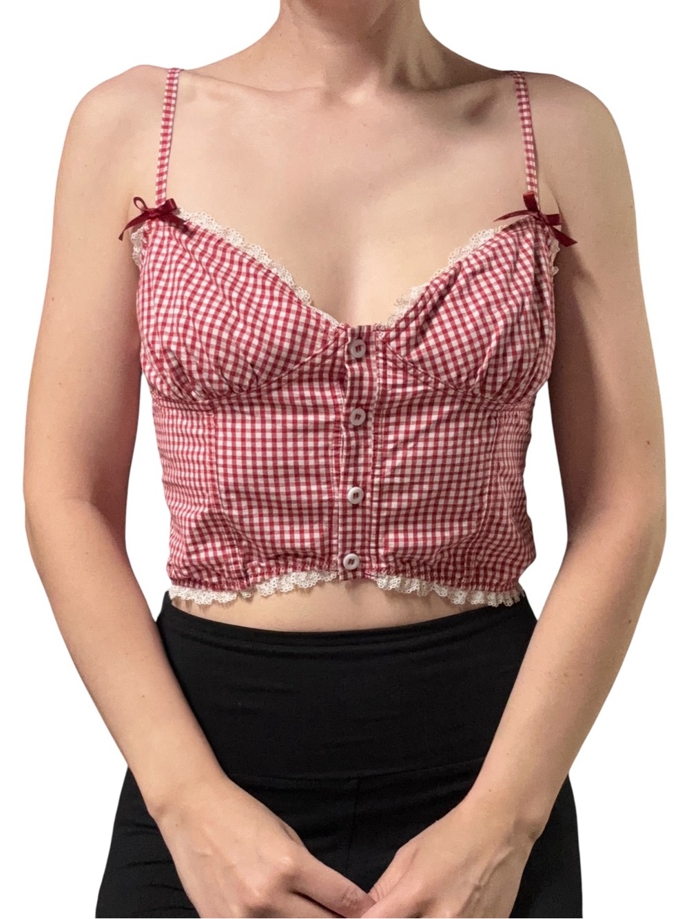 Forever 21 | Red and White Gingham Print Button Front Lace Trim Cropped Cami